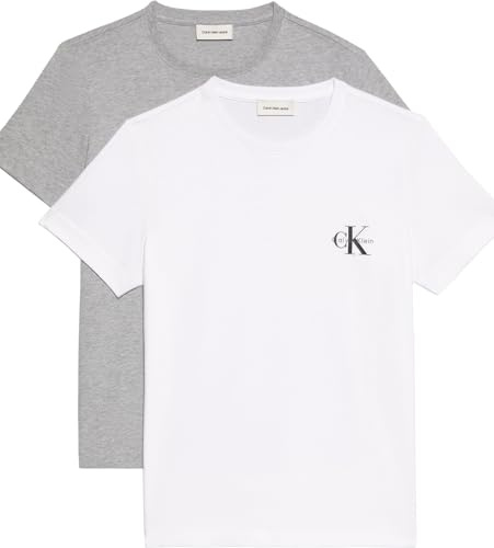 Calvin Klein Damen 2er Pack T-Shirts Kurzarm Logo Tee mit Rundhalsausschnitt, Mehrfarbig (Heroic Grey Heather/Brilliant WHI), XXS