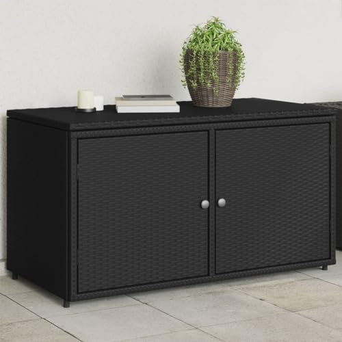 Myheimly Gartenschrank, Geräteschrank mit viel Stauraum, Beistellschrank Schrank mit Türen, Balkonschrank Terrassenschrank, Poly Rattan Gartenschrank Schwarz,110x55x60.5 cm