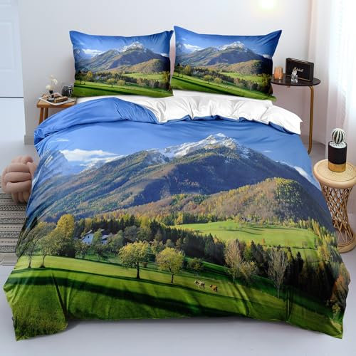 Ypthriline Bettwäsche 135x200 Gebirge Bettbezug 3D Wiese Bettbezug Mikrofaser 3teilig - 1 Warmes Weiche Bettwäsche 135x200 cm + 2 mit Reißverschluss Kissenbezüge 80x80 cm