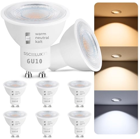 SSC-LUXon 6 Stück LumiFLEX GU10 LED Lampe 3-in-1 Lichtfarben warm + neutral + tageslicht - LED Birnen nicht dimmbar 230V Halogen Ersatz