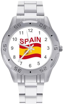 Reloj de pulsera analógico de cuarzo para hombre con bandera de España y correa de acero inoxidable