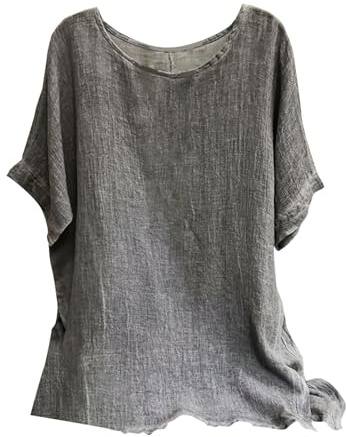 HOOUDO Damen Sommer Kurzarm Leinen Top Große Größen Shirt Oversize Rosa Quadratischer Ausschnitt Ballonärmel Oberteil Casual Basic Bluse
