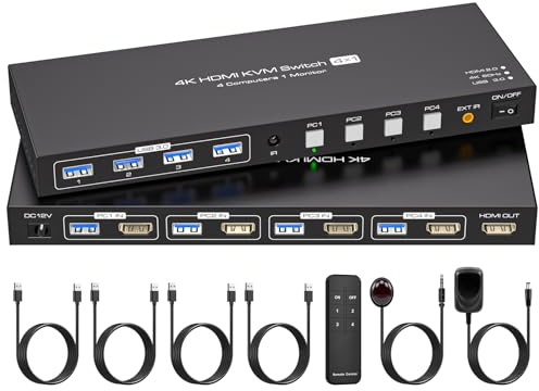 ATLAHET 4 Port HDMI KVM Switch 4 Computers 1 Monitor 4K 60Hz 2K 120Hz KVM Switches Support 4PCs Share 1 Monitor and Four USB Devices with 4xUSB A 3.0 Cables and Other External Accessories
