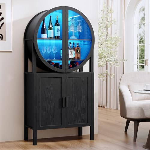 BROTTAR Rounded Wine Bar Cabinet with LED Lights, 65 Tall Drinks Coffee Cabinet with Glass Doors & Shelves, Modern Storage Cabinet with Human Body Sensor for Kitchen, Living Room, Black