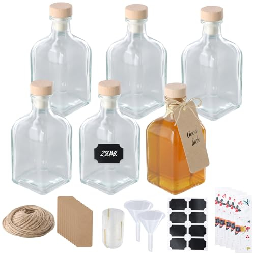 QINGZY 6 Piezas Botellas de Cristal 250ml con Tapón de Corcho, Embudo, Etiquetas, Cuerda y Colgantes, Botellas Vacías Reutilizables para Aceite, Licores, Vino, Zumo, Bebidas Caseras