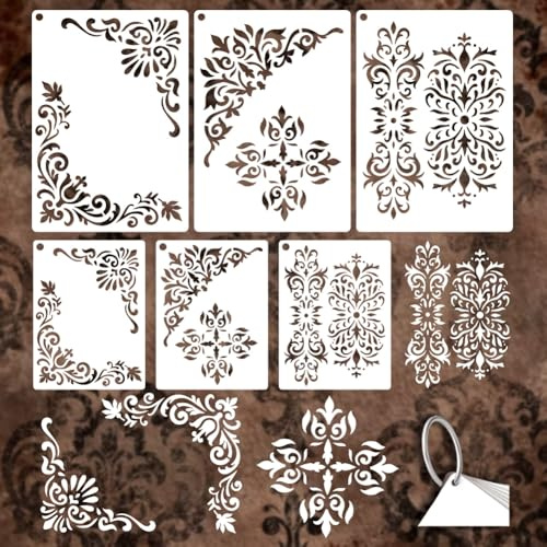 GOMAKERER 6 Stück Eckschablonen Zum Malen, 6 Stilen Schablone Mit Vintage Blumenrand Wiederverwendbar Dekorative Malvorlagen Zum Malen Auf Wand Holz Heimdekoration