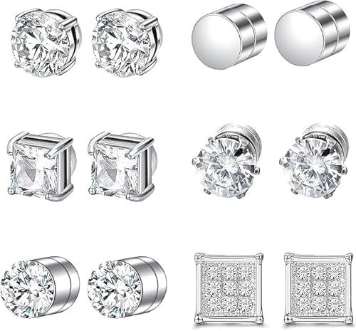 6 Paar Magnet Ohrringe Herren, 6mm, Magnetic Earrings für Herren und Damen, Edelstahl, Einfarbig, Silber