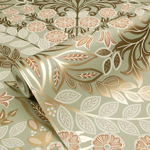 Grandeco Belvedere Damask Style Arts & Crafts Metallic Floral Themed Wallpaper for Hallways Dining Rooms Living Rooms SnugsSage Green(202304)