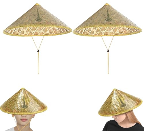 Traditional Chinese Rice Bamboos Hat, 2 Pack Retro Asian Sun Hat, Handmade Chinese Retro Bamboos Rattan Hats, Bucket Hats with Adjustable Cord, Waterproof Asian H at for Fishing Gardening Camping