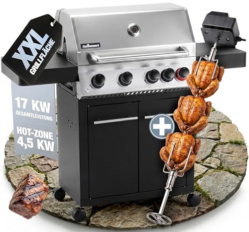 Flammenwerk Profi Gasgrill 4+1 Brenner – 17kW Gesamtleistung, LED-Beleuchtung & Seitenkochfeld – Hochwertiger BBQ-Grillwagen (Gasgrill + Rotisserie)