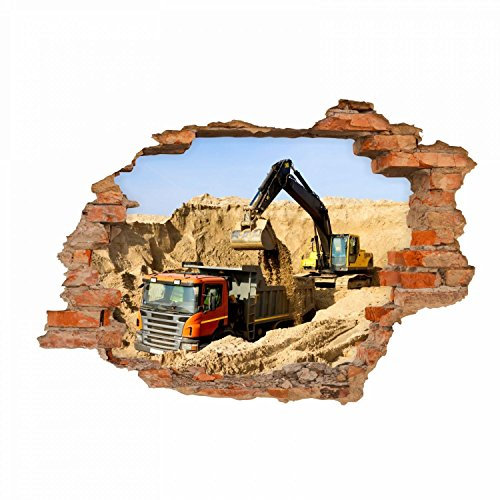 071 Wandtattoo Baustelle Bagger LKW - Loch in der Wand - Kinderzimmer - in 6 Größen - coole Kinderzimmer Sticker Babyzimmer Aufkleber abwechslungsreiche Wanddeko Wandbild Junge Größe 500 x 350 mm