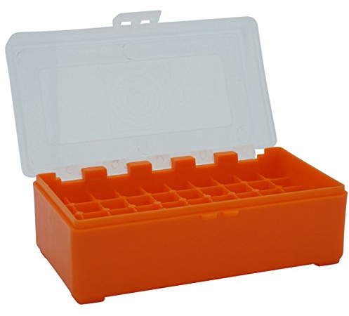 Waffenpflegewelt WPW Patronenbox aus robustem Kunstoff mit Klappdeckel für Kaliber .357 Magnum, Kaliber .38 Special, Kaliber .38 Super Auto - 50 Stück orange
