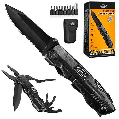 RoverTac Multi Tool Navaja de Bolsillo Navaja Plegable Multiherramienta, Cuchillo de Supervivencia para Camping, Multiherramienta con Alicates Abrebotellas y Abrelatas Paquete de 9 Destornilladores