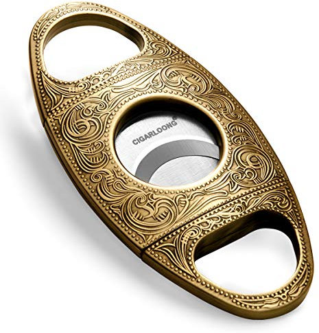 CIGARLOONG Cigar Cutter Stainless Steel Bronze Engraved Double Cut Blade Cigar Guillotine (Color:Gold1)