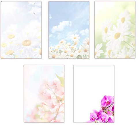 5 x 5 Blatt im Set Briefpapier DIN-A4 Blumen Margeriten Kirschblüten Orchideen Motivpapier (MPA-5221)