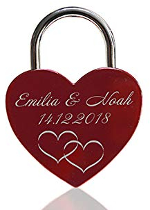 ELUNO Liebesschloss Herzschloss Schloss mit Gravur und Schlüssel I Valentinstags Geschenk für Sie Ihn Hochzeit I incl. Samtbeutel I Motiv Herz 0003 in Rot