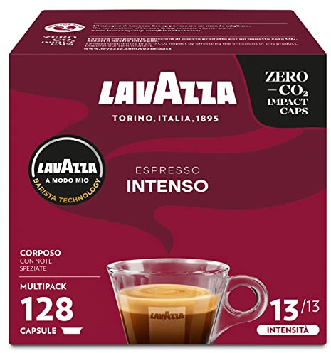 Lavazza, A Modo Mio Espresso Intenso, 128 Capsules de Café, pour un Espresso aux Notes de Cacao et d'épices, Arabica et Robusta, Intensité 13/13, Torréfaction Moyenne, 8 Paquets de 16 Capsules
