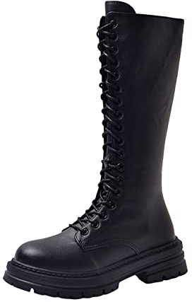 Stivali in Pelle Nera da Combattimento Esercito Stivali da Donna in Pelle Antiscivolo Slip-on Punta Tonda Scarpe con Tacco Basso Western (39,Nero)