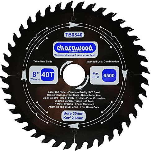 Charnwood TB0840 TCT Saw Blade 200mm (8) x 30mm x 40T x 2.6k