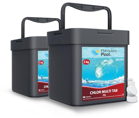 Paradies Pool Multi Tabs 20 g 10 kg, Quattro Multi Tabletten mit Chlor, Algenschutz, Flockungsmittel, pH Stabilisator, zur Wasserbehandlung, Inhalt: 10 kg