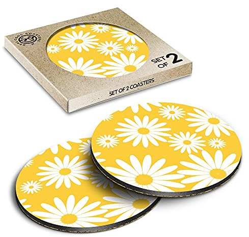 Lot de 2 dessous de verre en liège écologique - Motif marguerites jaunes ensoleillées - Pour boissons, tasses, sous-verres - #2441