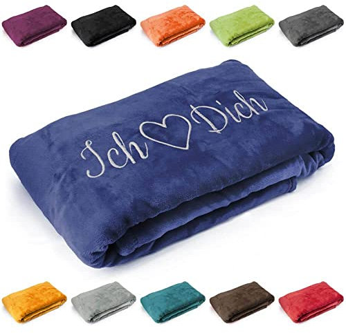 Kuscheldecke 'Ich Liebe Dich', Geschenk zu Valentinstag, Geburtstag, Hochzeitstag, hochwertig Bestickt, 200cm x 150cm extra weiche und gemütliche Sofadecke/Wohndecke, hochwertiges Fleece (Marineblau)