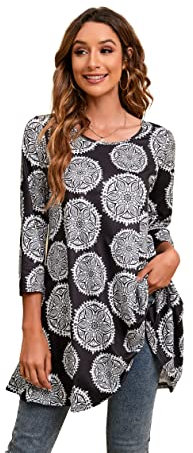 Enmain Tunic Tops for Women UK 3/4 Long Sleeve Tunics for Leggings Plus Size Round Neck Ladies Longline Top Casual Loose Blouse T Shirt Black White Paisley Patterned Swing T-Shirt XL
