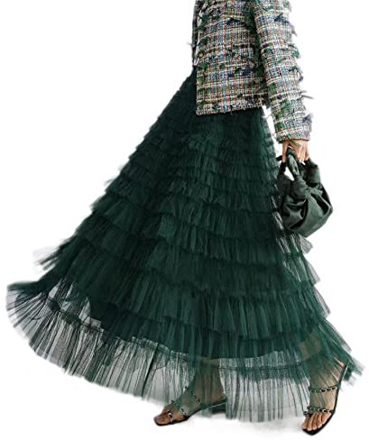 Mliyasan Damen Multilayer Rüschen Tüllrock Plissee Hohe Taille Flauschig Maxirock Fee Kuchen Kleid Lange Tutu Party Rock, Dunkelgrün, Groß