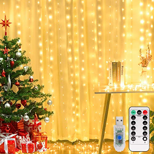 Yizhet 3x3m USB Lichtervorhang für Innenbereich, 300 LEDs, 8 Modi, Timer, Fernbedienung, IP65 Wasserdicht für Weihnachten, Fensterdekoration (Warmweiß)