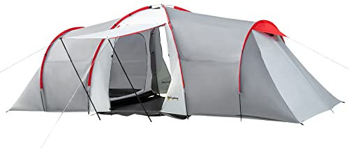 Outsunny 4-6 Man Tunnel Tent with 2 Bedroom, Living Area and Vestibule, Large Camping Tent with Groundsheet, 2000mm Waterproof, UV50+, Portable Bag, for Fishing Hiking Festival, Grey and Red