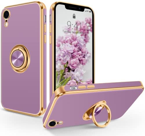 SouliGo iPhone XR Case, iPhone XR Phone Case 360° Ring Holder Kickstand for Magnetic Car Mount Slim Luxury Bling Plating Soft TPU Anti-Scratch Protective Bumper Phone Cover for iPhone XR, Purple