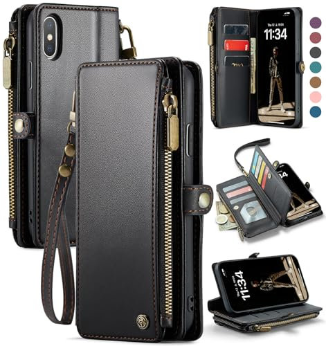 Defencase iPhone XS Max Case, RFID Blocking Wallet Case with 9 Credit Card Holder, Zipper Wrist Strap, PU Leather, Black
