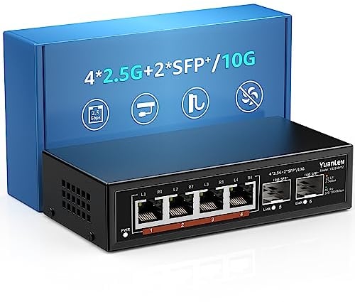 6 Porte 2,5G Switch Ethernet Umanaged, 4 Port 2,5G Base-T, 2 Port 10G SFP, Compatibile 100/1000/2500M, Metallo Senza Ventola, Switch di Rete YuanLey 2,5Gbe da Tavolo/Muro per AP Wireless, NAS, PC