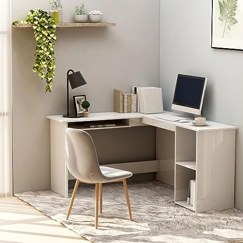 JUNZAI EckSchreibtisch, Computertisch, Arbeitstisch, Home Office Desk, Schreibtischorganizer, Büroschreibtisch, in L-Form Hochglanz-Weiß 120x140x75 cm
