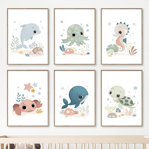 WoLWEs 6Er-Set Babyzimmer Wal Schildkröte Krabbe Delphin Seepferdchen Ozean Kinderzimmer Wandkunst Leinwand Malerei Poster und Drucke Bilder Kinderzimmer Dekor-A4 (Ohne Rahmen)