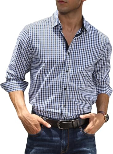 Elegancity Kariertes Hemd Herren Langarm Trachtenhemd Oktoberfest Freizeithemd Karohemden Herrenhemden mit 100% Baumwolle Kent-Kragen hellblau, L