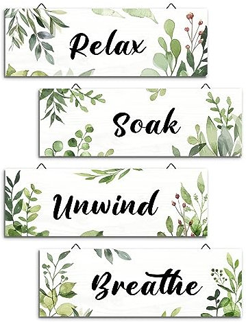 decalmile 4 Pieces Green Leaves Wooden Wall Art Relax Soak Wood Wall Hangings Plants Wooden Plaque Bedroom Living Room Bathroom Wall Decor