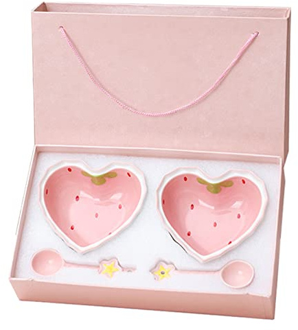 Tyenaza Bol à Dessert Avec Cuillère, Bol En Forme De Cœur D'amour Aux Fraises, Joli Bol En Céramique De Cuisson à Haute Température Rose Pour Salade(2 Set)