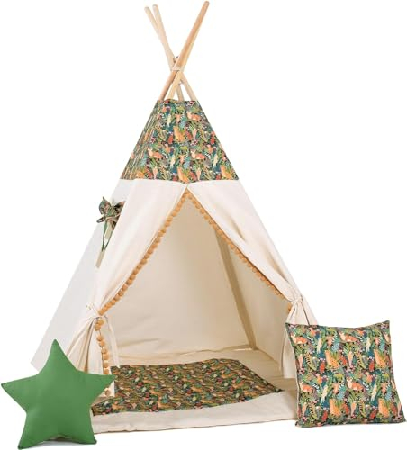 Kinder Teepee Tipi Set für Kinder Spielzeug drinnen draußen Spielzelt Zelt 8 Elemente dabei Tipi-Set Indianer Indianertipi mit Fenster usw. (mit kleinem Zubehör Dschungel)