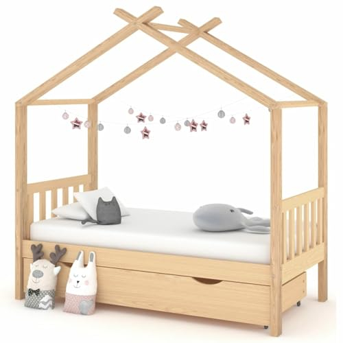 ADWOA Kinderbett mit Schublade Massivholz Kiefer 80x160 cm Hausbett 80x160cm