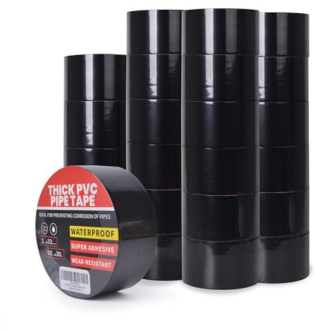 TAPEBEAR Cinta Selladora de Tubería Impermeable para Plomería, 30m x 50mm Cinta Aislante Negro, Cinta Tapa Fugas Agua, Cinta Adhesiva para Fugas de Tuberías Reparación, 0,25mm Extra grueso, 24 Rollos
