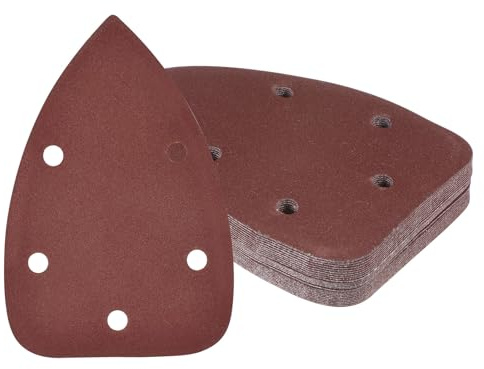 Kozelo 25pcs Mouse Sander Detail Sandpaper - [240 Grit, 3.5 x 5.5] Triangle Hook and Loop Assorted Sanding Pads Sheet for Wood Furniture Polishing Use | 5 Hole, Aluminum Oxide