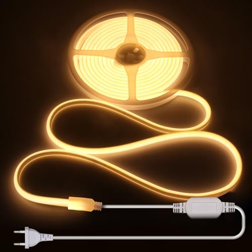 ALITOVE 5M COB LED Streifen 230V Direktanschluss Warmweiß 2700K Flexibler LED Stripe Aussenbereich Wasserdicht für DIY-Beleuchtung und Heimdekoration (Ohne Schalter und Dimmer)
