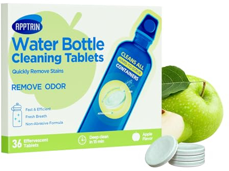 APPTRIN Water Bottle Cleaning Tablets, Bottle Clean Tablet Pack of 36, Cleansing Tablets for All Plastics and Glass Drinking Containers,Individually Packed,Apple