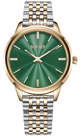 BURKER Damenuhr Emily, Runder Damen Armbanduhr Gliederarmband Edelstahl Analog Quarz 3-ATM Wasserdicht - 36 mm - Silber Grün