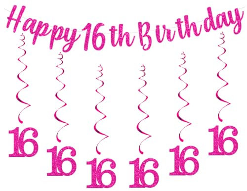 bng-bng 16th Birthday Party Decorations Happy 16th Birthday Bunting Banner Hanging Swirls Streamers for Girls 16 Sixteen Years Old Anniversary Party Decor Supplies Pink