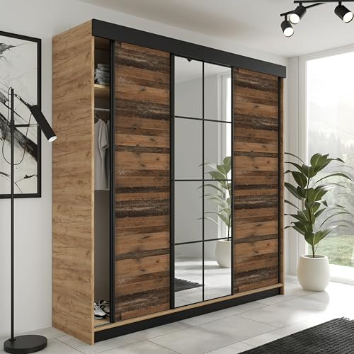KIER FURNITURE Schiebegarderobe LAMARO mit Spiegel - Schrank Schlafzimmer – Schlafzimmerschrank – Wardrobe Bedroom – Kleiderschränke – Kleiderschrank - 200x205x59cm - Eiche Handwerk Gold & Old Style