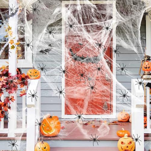 WECUTE Spinnennetz Halloween Deko Set, 160g Weiß Spinnweben Halloween Deko mit 30 Plastik Spinnen, Halloween Deko Outdoor Spinnennetz für Party Spukhaus Garten Hof Horror Dekoration (Kombination 2)