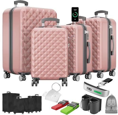 Onbest Premium Kofferset 4-TLG – Reisekoffer mit TSA-Lock, USB-Anschluss – Plus 1x Kofferwaage, 2X Koffergurt, 4X Adresshänger, 1x Getränkehalter, 1x Schuhbeutel, 4X Staubschutzhüllen