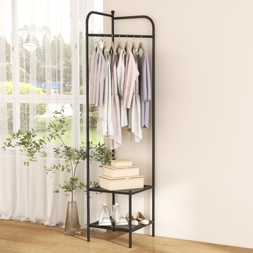 CASART Corner Hall Tree, Freestanding Coat Stand with Hanging Rod & 2 Mesh Storage Shelves, Heavy-duty Metal Clothes Rack Small Coat Rack Organizer for Entryway Bedroom
